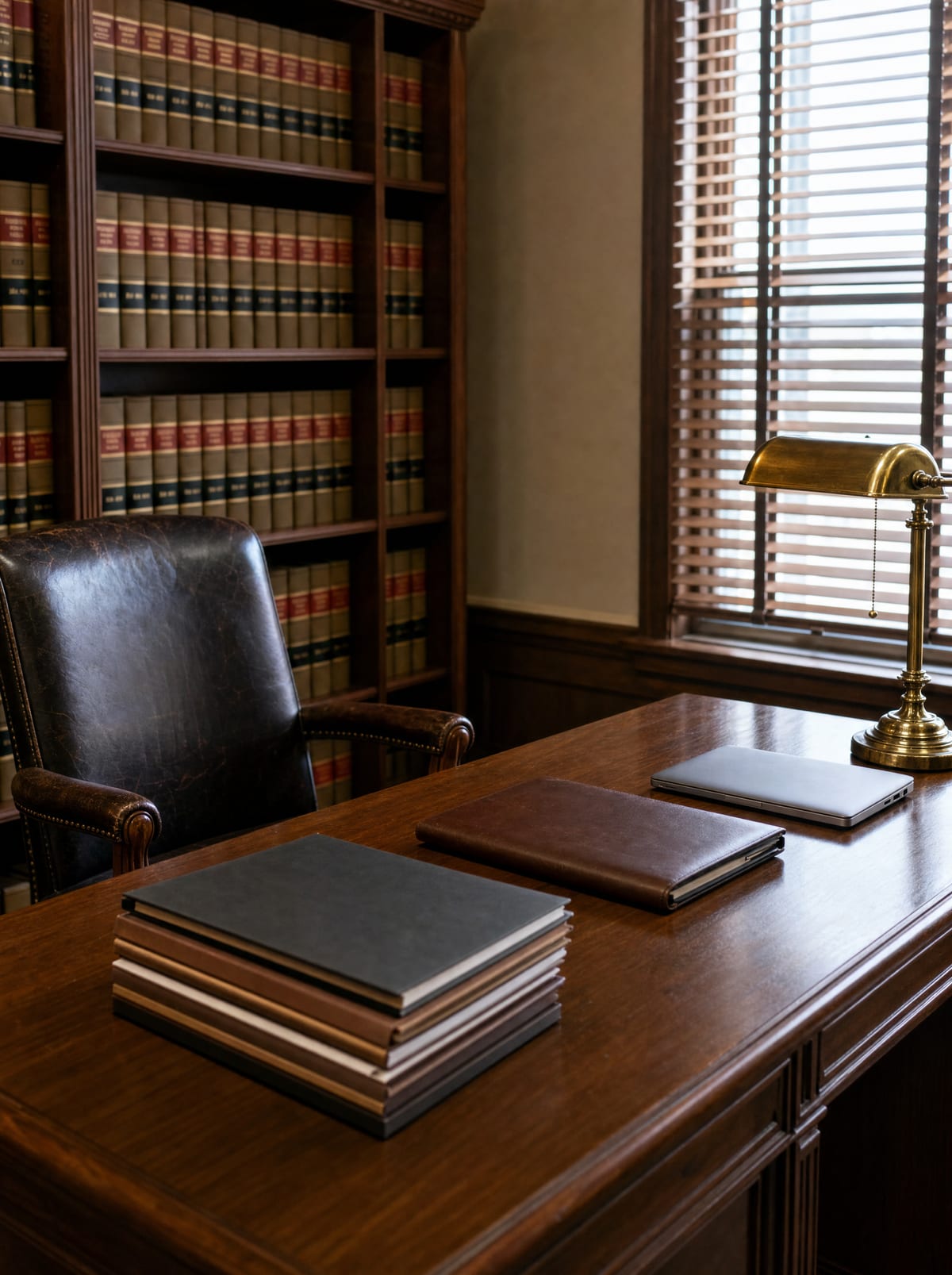 A tidy attorney's office with a wooden desk holding a neat stack of closed folders, a brass banker's lamp, and a closed laptop, a worn leather chair, and a bookcase of bound law reporters beside a window with blinds